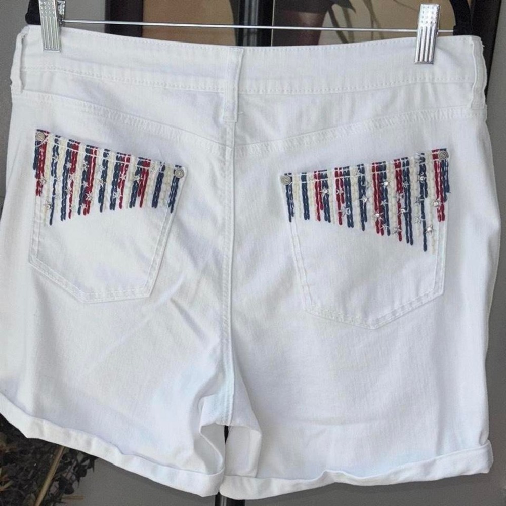 White denim shorts with red and blue stripes and silver studs size 16